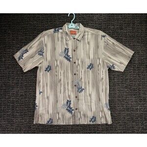 Tommy Bahama Shirt Mens Large Beige Floral Geometric Silk Hawaiian Aloha Beach
